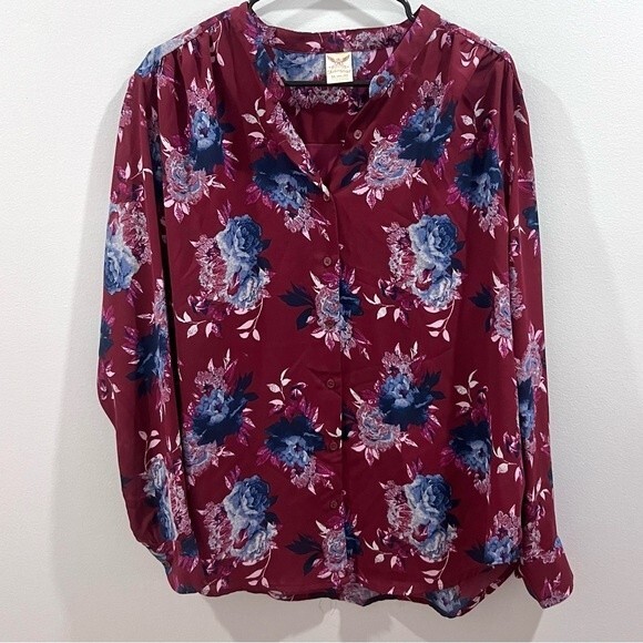 Burgundy long sleeve button down floral blouse size XL - Picture 3 of 6